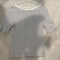 ユニクロ リブボートネックT 5分袖 ボーダー ホワイト M