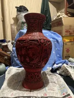 中国美術 骨董品 唐物 彫漆 風景人物紋 飾り 堆朱 花瓶 彫刻