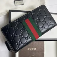 【未使用】 GUCCI シグネチャー レザー ウェブ ジップアラウンドウォレット