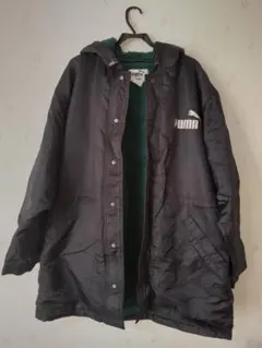 90'レトロ PUMA ベンチコート　裏ボア　黒✕緑 フード付き