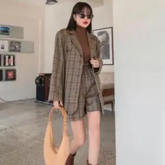 【Dazy】パンツセットアップ ジャケット チェック柄 ブラウン系 春秋 L