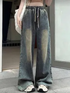 フェード加工 グレー系 ワイドデニムパンツ