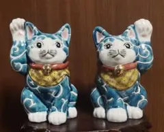 九谷焼　招き猫　色絵唐草　４号　左右手上げ　２点セット　箱付き　美品 九谷焼 招き猫 色絵唐草 4号 左右手上げ 2点セット 箱付き 美品
