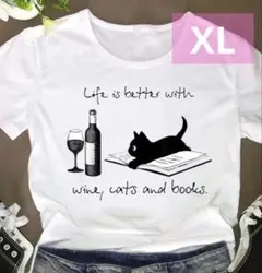 【人気】 猫 イラスト プリント Tシャツ カットソー XL ホワイト 可愛い