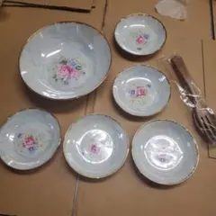 花柄 サラダボウルセット 7点 木製サーバー付