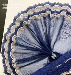 ネイビーブルーとライトベージュカラーのお花刺繍チュールレース　1m　N-474
