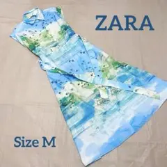 ZARA プリントシャツワンピース ロング丈 絵画風 絵画風 ウエスト 