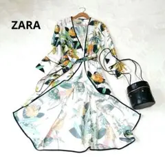 ZARA キモノガウン ロングワンピース 花柄 ウエストベルト　M