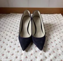 銀座かねまつ　スエードネイビー ポインテッドトゥ ハイヒール