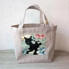 黒猫＆花柄 トートバッグ ベージュ色 猫バッグ　エコバッグ　贈り物