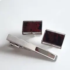 カフス　ネクタイピン　セット　天然石　黒曜石　十勝石　赤　ストーン　M172