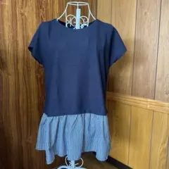 エイチケーワークスロンドン　ネイビー 半袖チュニック ストライプフリル　Lサイズ