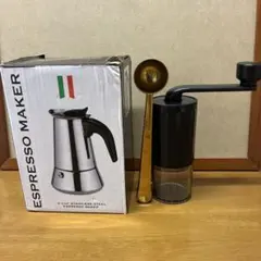 未使用　直火式4カップ エスプレッソメーカー、手動コーヒーミル、計量スプーン