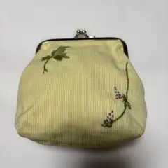 ハンドメイド がま口 財布 イエロー ストライプ 刺繍