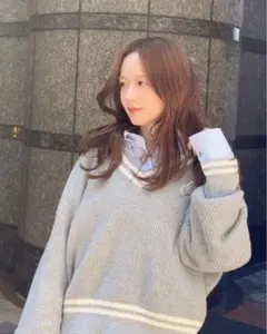 chico ライン入りVルーズニット グレー