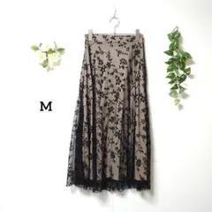 総レース 花柄 フレアスカート М ウエストゴム