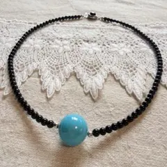 天然石オニキス × パステルブルー 大玉ネックレス ヴィンテージ風 41cm