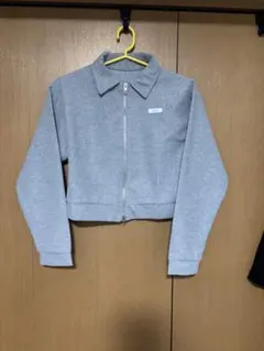 【特価】グレー ジップアップパーカー クロップド ダブルジップ 長袖 M
