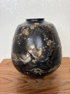 銅製花瓶 花器 鴛鴦 菊紋様 重厚　竜仙銘