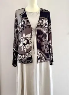 レオナール　極美品　カンカン　カーディガン　シースルー　モダンプリント