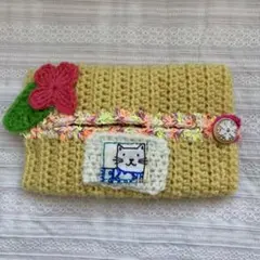 猫さんアップリケ♪かぎ針編み　ポケットティッシュケース