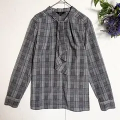 美品/夏秋服/薄手✨ BOSCH 長袖 ボウタイブラウス S グレー チェック柄のサムネイル