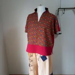 ニコニコ木綿と丹前裏の赤いショートスリーブシャツ　ハンドメイド