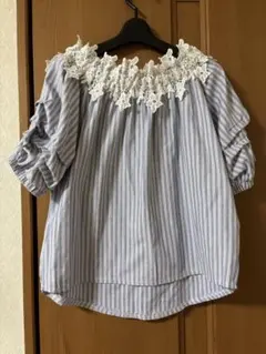 半袖シャツ　レディース　レース　ストライプ
