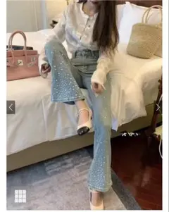 GRL グレイル ビジューデニムフレアパンツ[at2310]