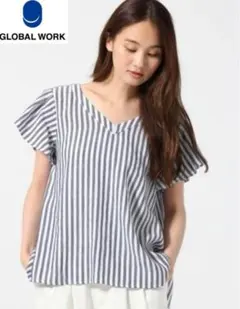 【GLOBAL WORK】バックリボン ストライプ ブラウス カットソー　 M