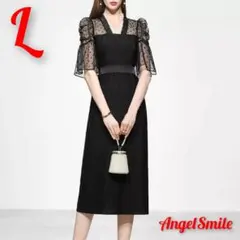 ★Lサイズ ドットデザイン シースルー フリル ブラック ワンピース 結婚式