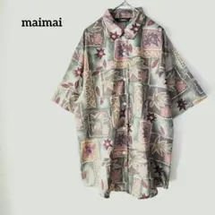 maimai 柄シャツ 半袖 葉柄 ボタニカル 総柄 薄手 ゆったり カーキ