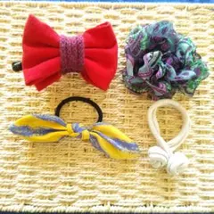 ヘアアクセサリー4点セット　バナナクリップ　ヘアゴム　リボン　シュシュ風