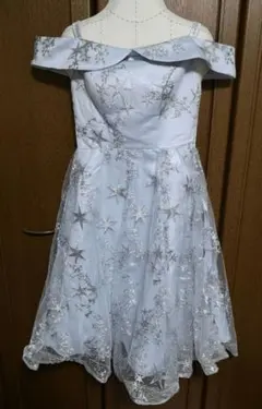 水色　オフショルダー　バックリボン　星刺繍　ドレス　Lサイズ
