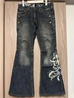 トルネードマート「トライバル刺繍ラインストーンベルボトムデニム 