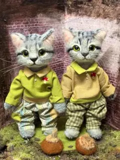 A猫 サバトラ猫の双子アートドール【ハンドメイド 人形 猫