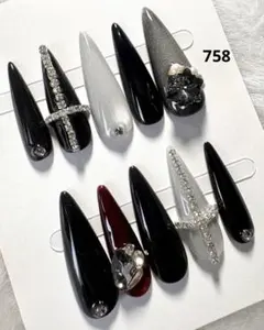 758現品ネイルチップ　ちゅるん十字架ギャルシズニルック ロングネイル 推し地雷
