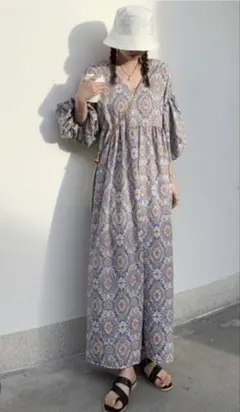 レディース　ワンピース　半袖　水色　ブルー　ペイズリー柄　ロングワンピース　夏