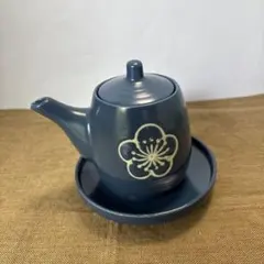 ネイビー 陶器 醤油さし 花柄 皿付き