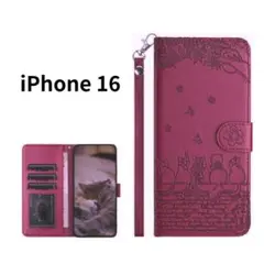 【セール】iPhone16 手帳型ケース 猫柄 マゼンタピンク かわいい