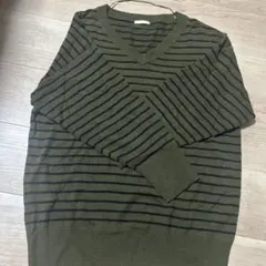 オリーブグリーン・ネイビー ストライプ ニット