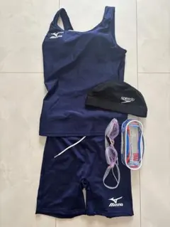 Mizuno 水着セット Mサイズ ネイビー キャップ、ゴーグル付き