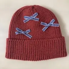 petit main 赤ニット帽 リボン付き