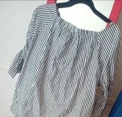 ストライプ オフショルダー バルーン袖 シャツ