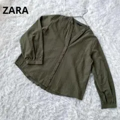ザラ ZARA オリーブ色 ブラウス【M】刺繍デザイン 長袖 綿100%
