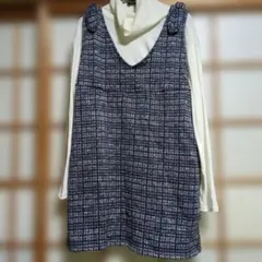 ネイビー系チェック膝丈　白トップス一体型ワンピース　LL