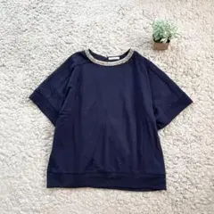 【IENA】ビジュー付き半袖カットソー プルオーバー レーヨン混 ネイビー F