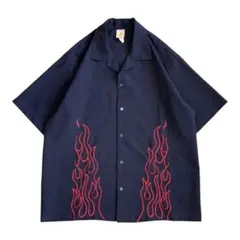90s USA製 ファイヤーパターン 刺繍 オープンカラーシャツ XLのサムネイル