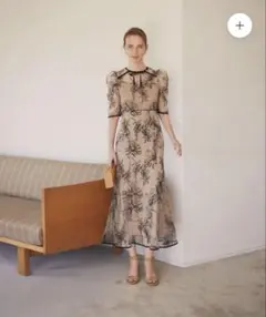 Leja 花柄フロントバックリボンパフスリーブマーメイドロングワンピースドレスM