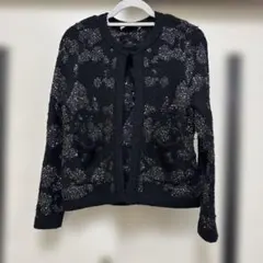 ビーズ装飾 黒 ニットカーディガン 長袖